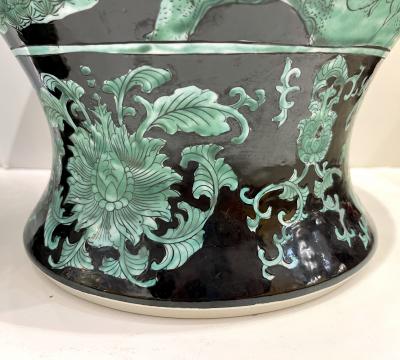 Mid 20th Century Chinese Export Black Green Tall Baluster Ginger Jar with Cover