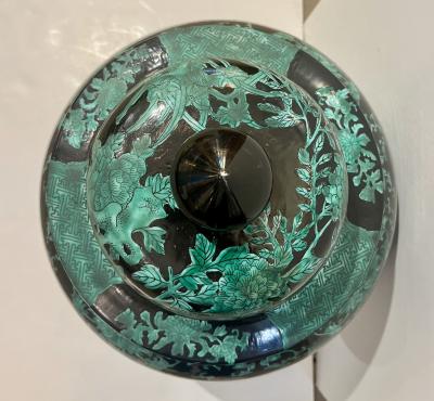Mid 20th Century Chinese Export Black Green Tall Baluster Ginger Jar with Cover