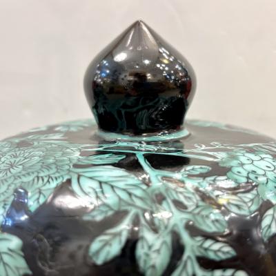 Mid 20th Century Chinese Export Black Green Tall Baluster Ginger Jar with Cover