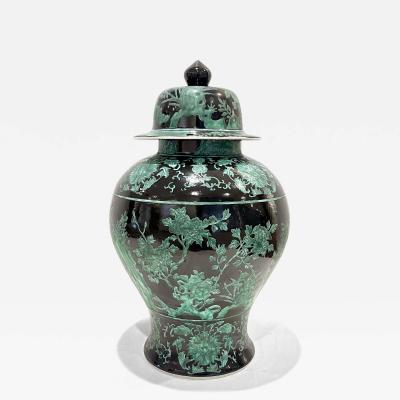 Mid 20th Century Chinese Export Black Green Tall Baluster Ginger Jar with Cover