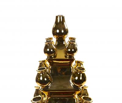 Mid 20th Century Dutch Delft Gilt Porcelain Three Tier Topiary Centerpiece Vase
