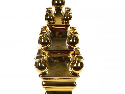 Mid 20th Century Dutch Delft Gilt Porcelain Three Tier Topiary Centerpiece Vase
