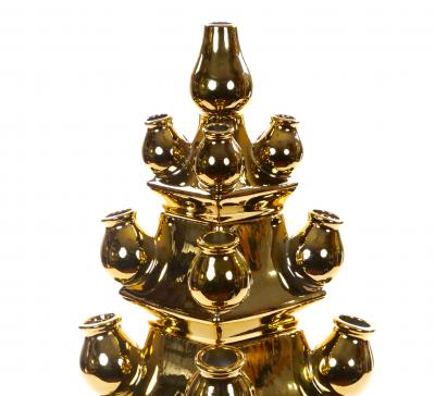 Mid 20th Century Dutch Delft Gilt Porcelain Three Tier Topiary Centerpiece Vase