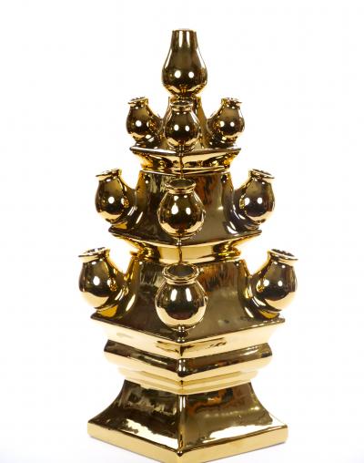 Mid 20th Century Dutch Delft Gilt Porcelain Three Tier Topiary Centerpiece Vase