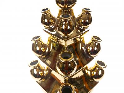 Mid 20th Century Dutch Delft Gilt Porcelain Three Tier Topiary Centerpiece Vase