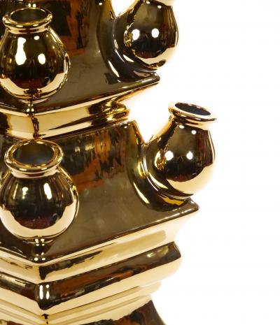 Mid 20th Century Dutch Delft Gilt Porcelain Three Tier Topiary Centerpiece Vase