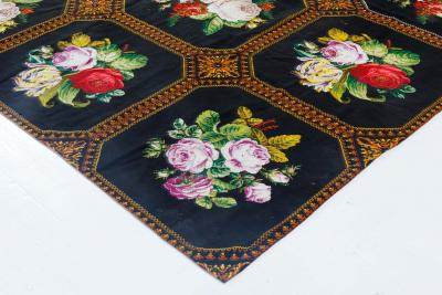 Mid 20th Century Floral Needlework Black Green Pink Purple Yellow Rug