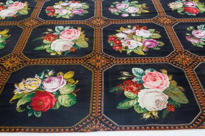 Mid 20th Century Floral Needlework Black Green Pink Purple Yellow Rug