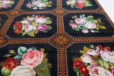 Mid 20th Century Floral Needlework Black Green Pink Purple Yellow Rug