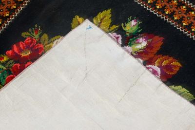 Mid 20th Century Floral Needlework Black Green Pink Purple Yellow Rug