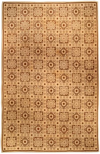 Mid 20th Century French Aubusson Camel Brown and Beige Carpet