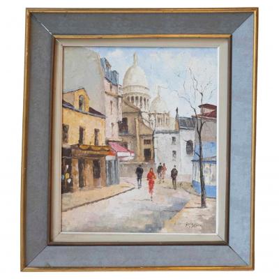 Mid 20th Century French Montmartre Place du Tertre Oil on Canvas Sacr C ur