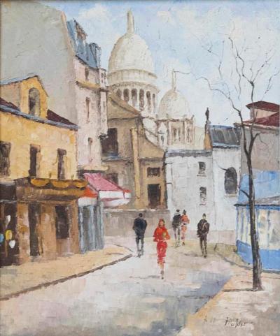 Mid 20th Century French Montmartre Place du Tertre Oil on Canvas Sacr C ur