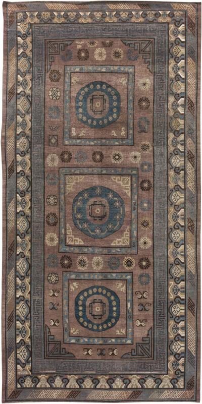 Mid 20th Century Geometric Brown Blue Samarkand Hand Knotted Wool Rug