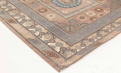 Mid 20th Century Geometric Brown Blue Samarkand Hand Knotted Wool Rug
