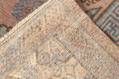 Mid 20th Century Geometric Brown Blue Samarkand Hand Knotted Wool Rug