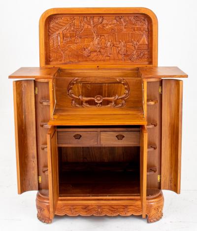 Mid 20th Century Heavily Hand Carved Wood Cocktail Bar Cabinet