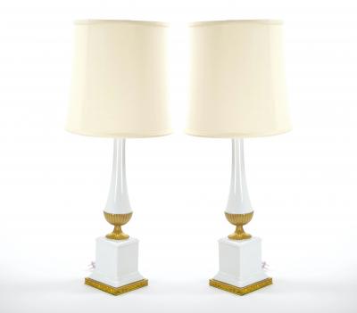 Mid 20th Century Italian Art Deco Porcelain Table Lamps Gilt Brass Accents