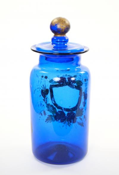 Mid 20th Century Italian Gilt and Hand Painted Cobalt Blue Glass Apothecary Jars