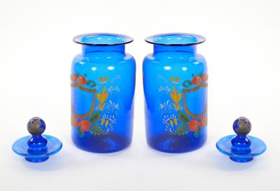 Mid 20th Century Italian Gilt and Hand Painted Cobalt Blue Glass Apothecary Jars