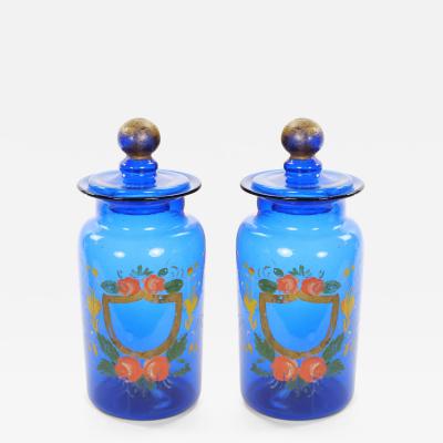 Mid 20th Century Italian Gilt and Hand Painted Cobalt Blue Glass Apothecary Jars