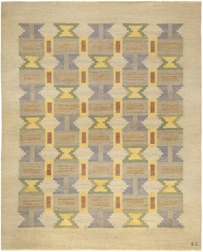 Mid 20th Century Judith Johansson Soldis Swedish Beige Blue Yellow Wool Rug