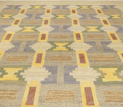 Mid 20th Century Judith Johansson Soldis Swedish Beige Blue Yellow Wool Rug
