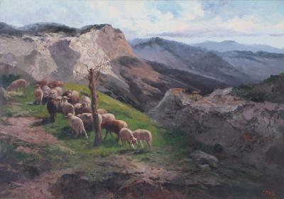 Mid 20th Century Oil Painting of Sheep in a Mountain Pasture Framed