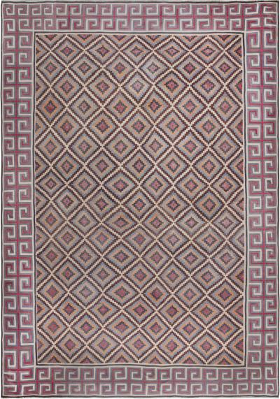 Mid 20th Century Oversized Indian Dhurrie Geometric Colorful Pink Handmade Rug