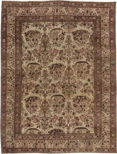 Mid 20th Century Persian Tabriz Beige Purple Handwoven Wool Rug