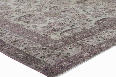 Mid 20th Century Persian Tabriz Beige Purple Handwoven Wool Rug