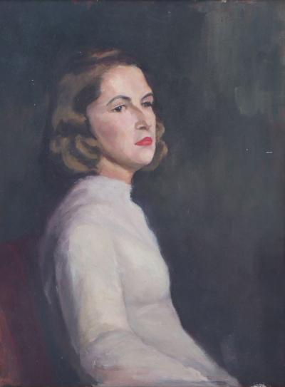 Mid 20th Century Portrait Painting of a Woman in White Sweater Framed