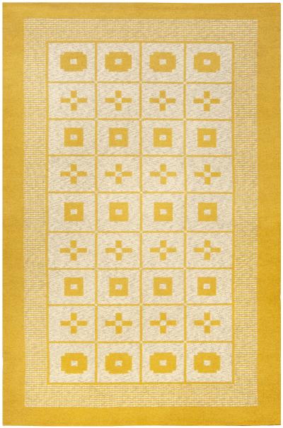 Mid 20th Century Reversible Geometric Mustard Yellow Gray Ivory Swedish Rug