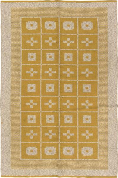 Mid 20th Century Reversible Geometric Mustard Yellow Gray Ivory Swedish Rug