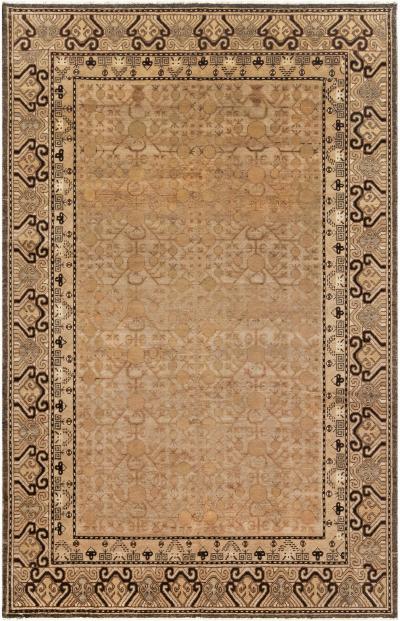 Mid 20th Century Samarkand Beige Brown and Black Handwoven Wool Rug