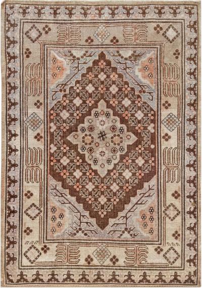 Mid 20th Century Samarkand Gray Beige Purple Pink Handmade Wool Rug