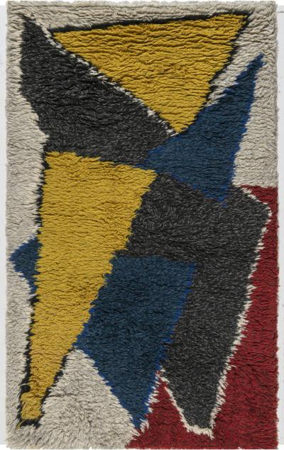 Mid 20th Century Scandinavian Yellow Blue Red Black Handwoven Wool Rug