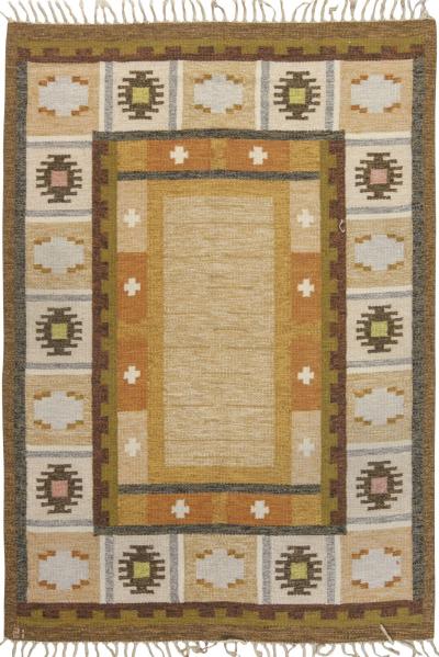 Mid 20th Century Swedish Brown Yellow Flat Weave Rug Signed by Ingegerd Silow