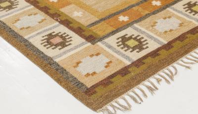 Mid 20th Century Swedish Brown Yellow Flat Weave Rug Signed by Ingegerd Silow