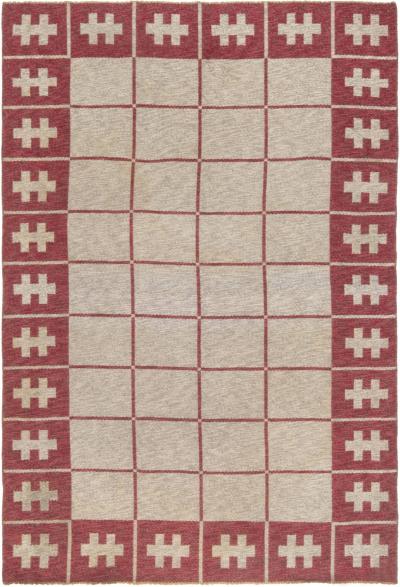 Mid 20th Century Swedish Carmine Red Ivory Flat Weave Wool Rug