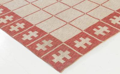 Mid 20th Century Swedish Carmine Red Ivory Flat Weave Wool Rug