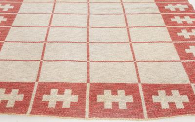 Mid 20th Century Swedish Carmine Red Ivory Flat Weave Wool Rug