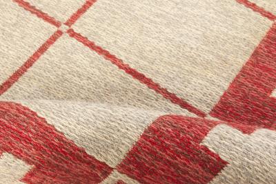 Mid 20th Century Swedish Carmine Red Ivory Flat Weave Wool Rug