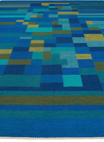 Mid 20th Century Swedish Geometric Green Blue Flat Weave Wool Rug Signed AB