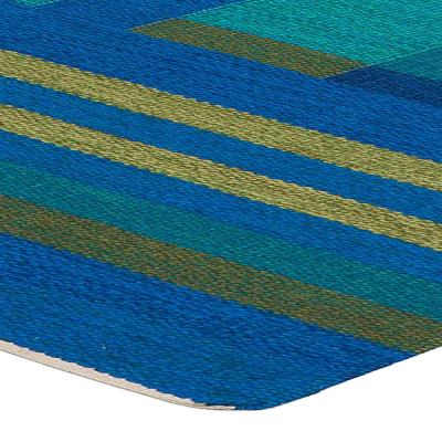 Mid 20th Century Swedish Geometric Green Blue Flat Weave Wool Rug Signed AB