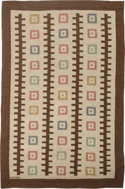 Mid 20th Century Swedish Geometric Wool Rug Woven Initials and Date Go 1952 