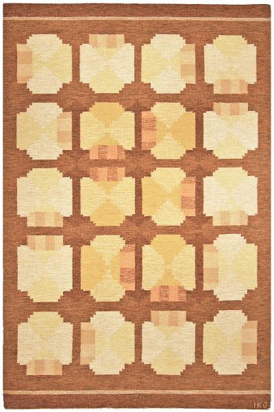 Mid 20th Century Swedish Geometric Yellow Orange and Brown Flat Weave Wool Rug