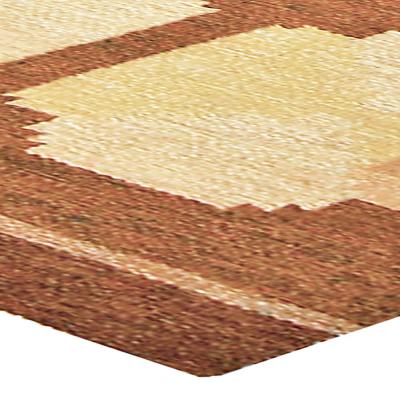 Mid 20th Century Swedish Geometric Yellow Orange and Brown Flat Weave Wool Rug