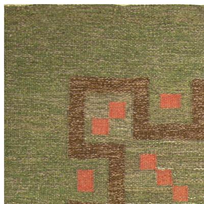 Mid 20th Century Swedish Green Coral Red Handmade Wool Rug by Ellen Stahlbrand