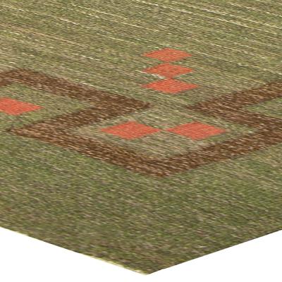 Mid 20th Century Swedish Green Coral Red Handmade Wool Rug by Ellen Stahlbrand